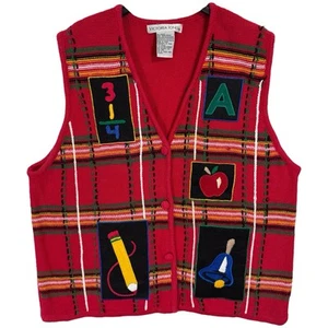 Gilet Insegnante Scuola Elementare Rosso Vintage Taglia XL Ricamato Matita Matematica anni 90 - Foto 1 di 18