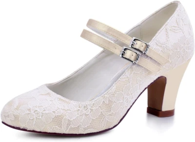 Zapatos de Boda para Novia Punta Cerrada Zapatos de Novia Tacón Bloque Bombas Mary Jane Encaje  Foto 1 de 4