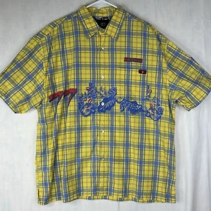 Bugle Boy Shirt Men's XL Yellow Plaid Floral Short Sleeve Button Up 90's - Picture 1 of 12