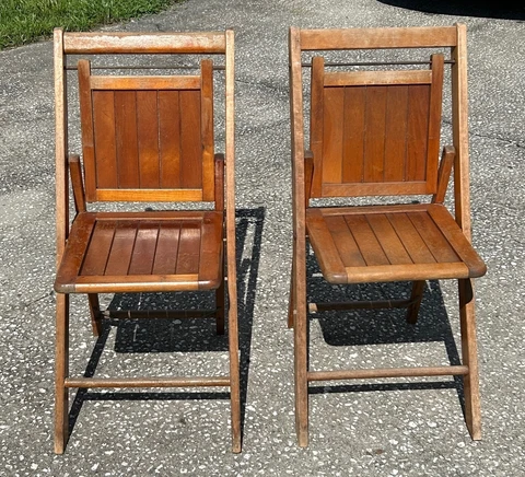 Pair of Vintage Mid Century Wooden Slat Folding Chairs Deck Patio Fishing Decor Cover