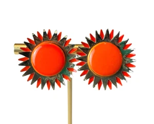 Vintage 1960s Metal Clip On Earrings Statement Fashion Costume Jewelry Sun Burst - Picture 1 of 5