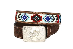 Embroidery Western Kids Belt Coffee Aztec Unisex Fabric Blue Western Wasit 16-20 - Picture 1 of 9