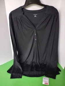 Lands' End Women's Henley Knit Top Long Sleeve V Neck 3 Buttons Size Large Black - Picture 1 of 8