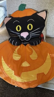 Halloween Gato Negro Jack O' Linterna 35x30" Bandera Bandera Colgador De Colección Hinchado Foto 1 de 4