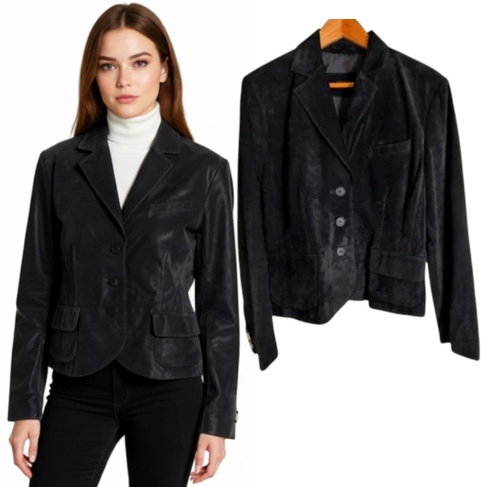 Jaqueta de couro Valerie Stevens camurça feminina tamanho G preta 3 botões nova sem etiquetas - Imagem 1 de 4