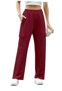 Womens Cargo Sweatpants Baggy Wide Straight Leg Sweats Large E02 Wine Red - Picture 1 of 6