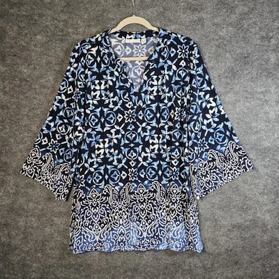 Топ женский Susan Graver XL синий белый смешанный геометрический вычурный жидкий трикотаж - Изображение 1 из 4