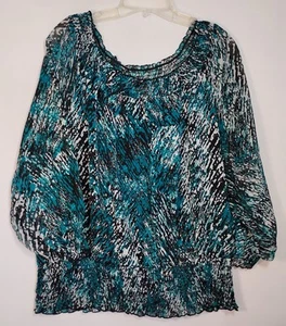 Cato Women's Blouse Sz 18W/20W Teal/Black/White Boat Neck Elastic Wide Waist O10 - Picture 1 of 4