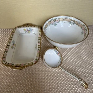 Hand Painted Nippon China Set Floral Bowl, Tray & Ladle - Picture 1 of 15