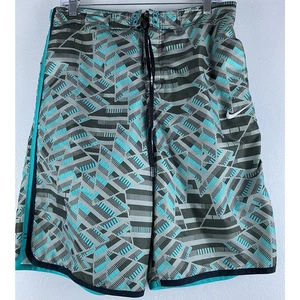 Mens Nike Sz M Swim Trunk Shorts Aqua Gray Print Pockets Tie Front - Picture 1 of 12
