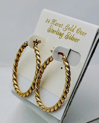 DaneCraft 24KT Gold Over 925 Sterling Rope Oval Hoop Pierced Earrings - Image 1 of 4