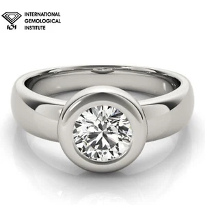 IGI D/VS Lab Grown Round Cut Diamond Bezel Set Solitaire Engagement Ring. - Picture 1 of 42