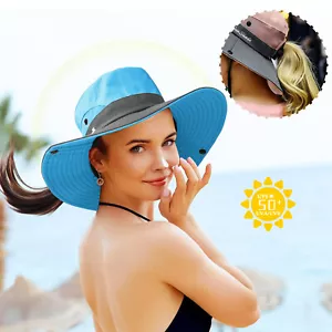 Summer Bucket Hat Boonie Women Ponytail Cap Wide Brim Sun UV Protection Travel - Picture 1 of 32
