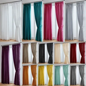 Faux Silk Curtains Luxury Fully Lined - Pencil Pleat Tape Top - Free Tiebacks - Picture 1 of 58