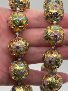 Vintage chinesische Cloisonne Emaille Blume goldfarbene Perlenkette - Bild 1 von 18