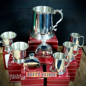 New Old Stock Sheffield Pewter Tankards, Cups & Hip Flasks, Wholesale Bundle - Foto 1 di 8