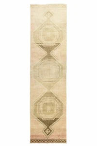 Gedeckter rosa taupe weicher Geometrie Teppich 2,9x11,10 Fuß - Vintage türkischer Oushak Läufer - Bild 1 von 13