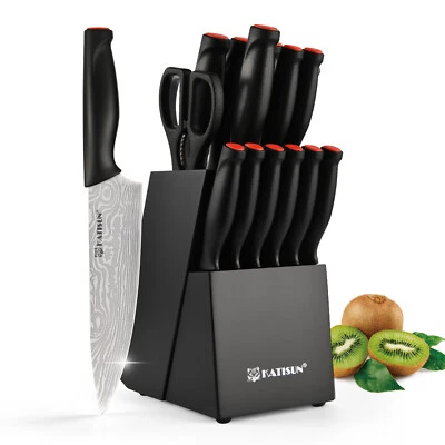 15 Pieces Damascus Pattern High Carbon Steel Kitchen Knife Set with Wooden Block - Image 1 of 4