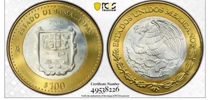 2004 MEXICO SILVER 100 PESOS ESTADO DE TAMAULIPAS PCGS MS 63 Gold Shield - Picture 1 of 3