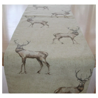 Table Runner 120cm Beige Brown Stags 48" Stag Deer 4ft Antlers Scottish Highland - Image 1 of 3