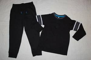 Boys Outfit BLACK L/S HENLEY T-SHIRT Arm Stripes BLACK SWEATPANTS Pockets SIZE 6 - Picture 1 of 1
