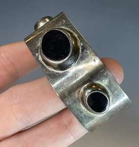 Mid-Century Modern Silverplated Brutalist Cuff w/ Black Inset Modernist Jewelry - Picture 1 of 13