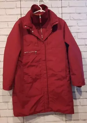 Lands' End 女式 L 码 14-16 冬季外套栗色红色衬里连帽口袋 — 第 1/4 张图片