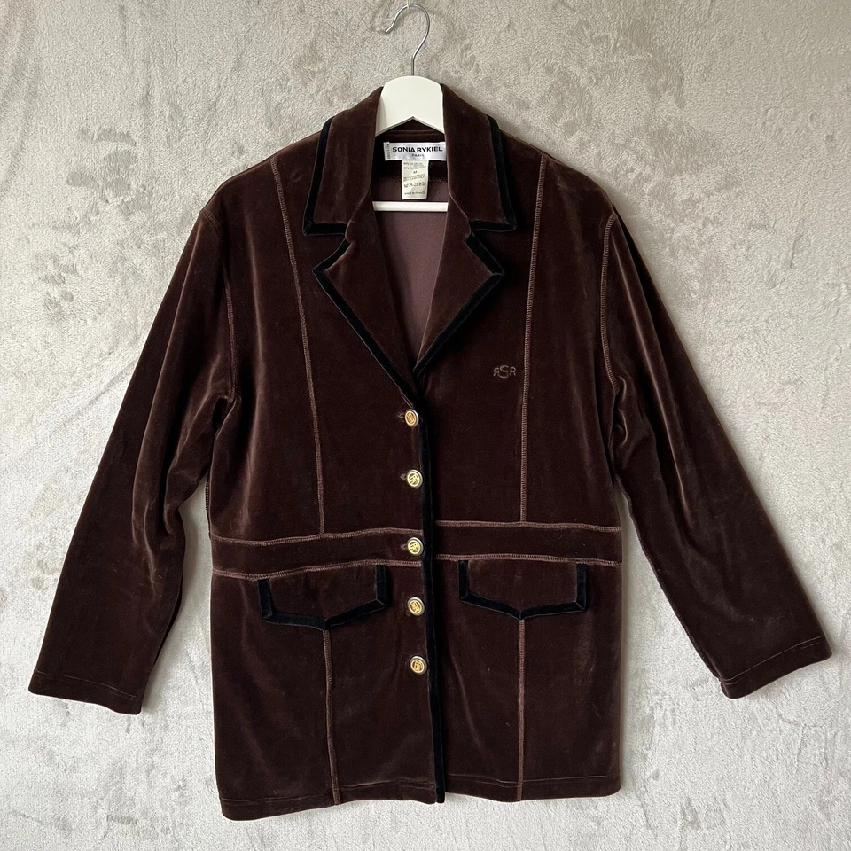 Sonia Rykiel 棕色天鹅绒西装外套中号设计师夹克金色纽扣黑色装饰 — 第 1/4 张图片