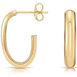 10K Real Solid Yellow Gold Shiny Polished Oval Chunky Italian Hoop Earrings 20MM - Picture 1 of 8