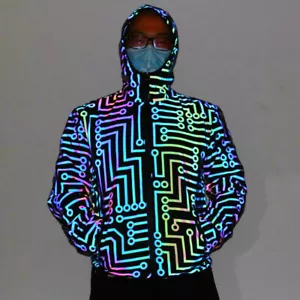 Men Hip Hop Geometric Pattern Rainbow Reflective Jacket Colorful Reflective Coat - Picture 1 of 21