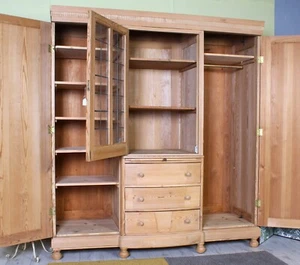 UK Delivery - Beautiful Old Pine Wardrobe With Shelves & Drawers Waxed Bun Feet - Picture 1 of 14