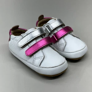 OLD SOLES Baby 2 Straps Leather Shoe Sz 5 EU 21 Snow/Fuchsia Foil/Silver #0060R - Picture 1 of 11
