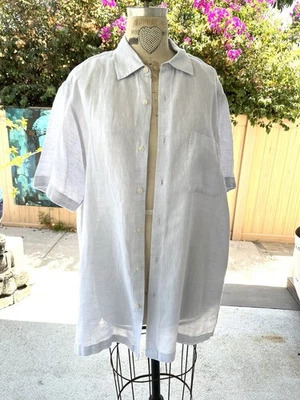 Linen Button-Up Short Sleeve Shirt with Chest Pocket White/light Gray - Image 1 of 4
