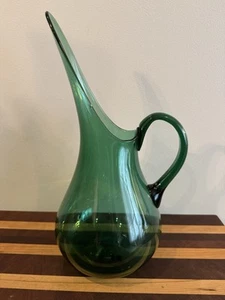 MCM Viking Kanawha ? Art Glass Green Epic Long Spout Swung Pitcher Unknown Make - Picture 1 of 9