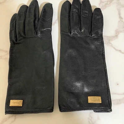 GUCCI Black Leather Gloves 5 Fingers Size 7 Sheepskin Silk Women's Authentic - Image 1 of 4