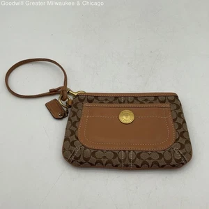 Womens Brown Gold Signature Print Coin Purse Logo Charm Wristlet Wallet - Picture 1 of 4