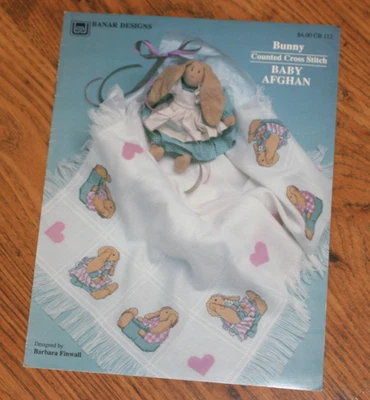 VTG 1989 Banar Designs: Bunny Counted Cross Stitch Baby Afghan Leaflet CB 112 - Image 1 of 2