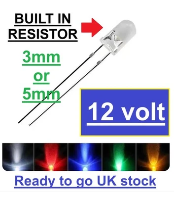 12V 3mm 5mm super bright clear lens LED with built in resistor for models trains - Image 1 of 4