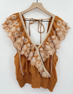 Рубашка женская Anthropologie большая желтая горчичное кружево богемное фестиваль коттедж оборка - Изображение 1 из 4