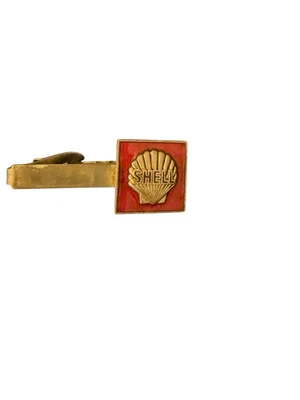 Vintage Gold Tone Shell Oil Red Enamel Tie Clip Bar Service Award Advertising - Image 1 of 2