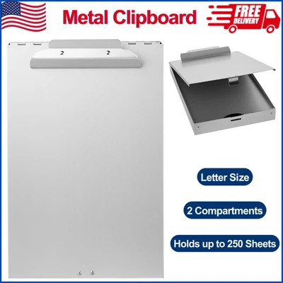 Metal Clipboard Case With Storage Box Aluminum Form Holder Self-Locking Silver - Image 1 of 4