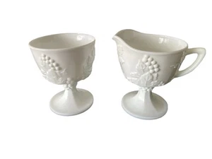 Vintage Indiana Colony Harvest Grape White Milk Glass Pedestal Creamer Sugar Set - Picture 1 of 7