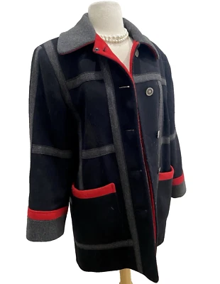 Chaqueta vintage Loring para mujer gris roja mezcla de lana bolsillos abrigo guisante preppy talla S M Foto 1 de 4