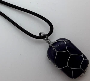 IOLITE GEMSTONE 16mmx25mm WIRE WRAPPED PENDANT BLACK CORD 20" NECKLACE - Picture 1 of 3
