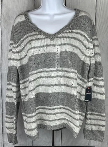 St. John's Bay Damen Large LS Pullover grau weiß Konfetti Streifen V-Ausschnitt - Bild 1 von 11