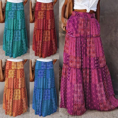 Jupe Longue Taille Haute Bohème Pour Femmes Jupe Longue Bohémienne Ample De / - Photo 1/4