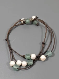 Beach Coastal Boho Frosted Green Glass White Pearl Brown Multi Cord Adjustable - Picture 1 of 8