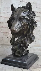 Cabeza de lobo bronce metal busto estatua escultura figura decoración lobos arte base mármol - Imagen 1 de 10