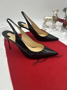 Authentic Louboutin Kate Sling Back Patent Calfskin 85mm Red Sole Pumps 37.7/7.5 - Picture 1 of 17