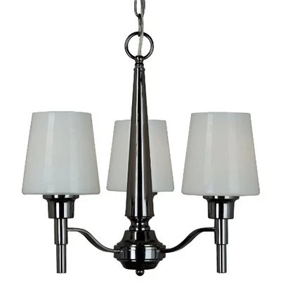 Elegante araña contemporánea cromada negra de 3 luces con pantallas de vidrio blanco  Foto 1 de 4